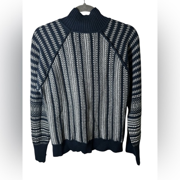 Cyrus Women’s Sweater Large Blue Striped Knit Long Sleeve Mock Neck Pullover - Picture 8 of 8